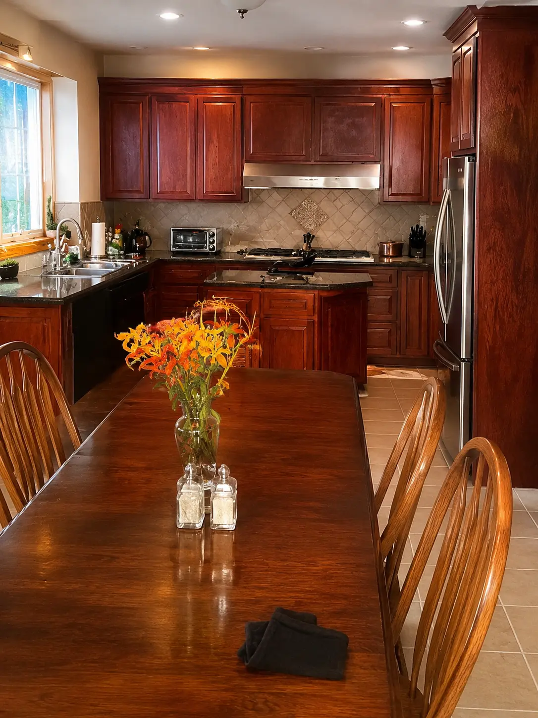 Traditional cherry kitchen with raised-panel cabinets and granite counters