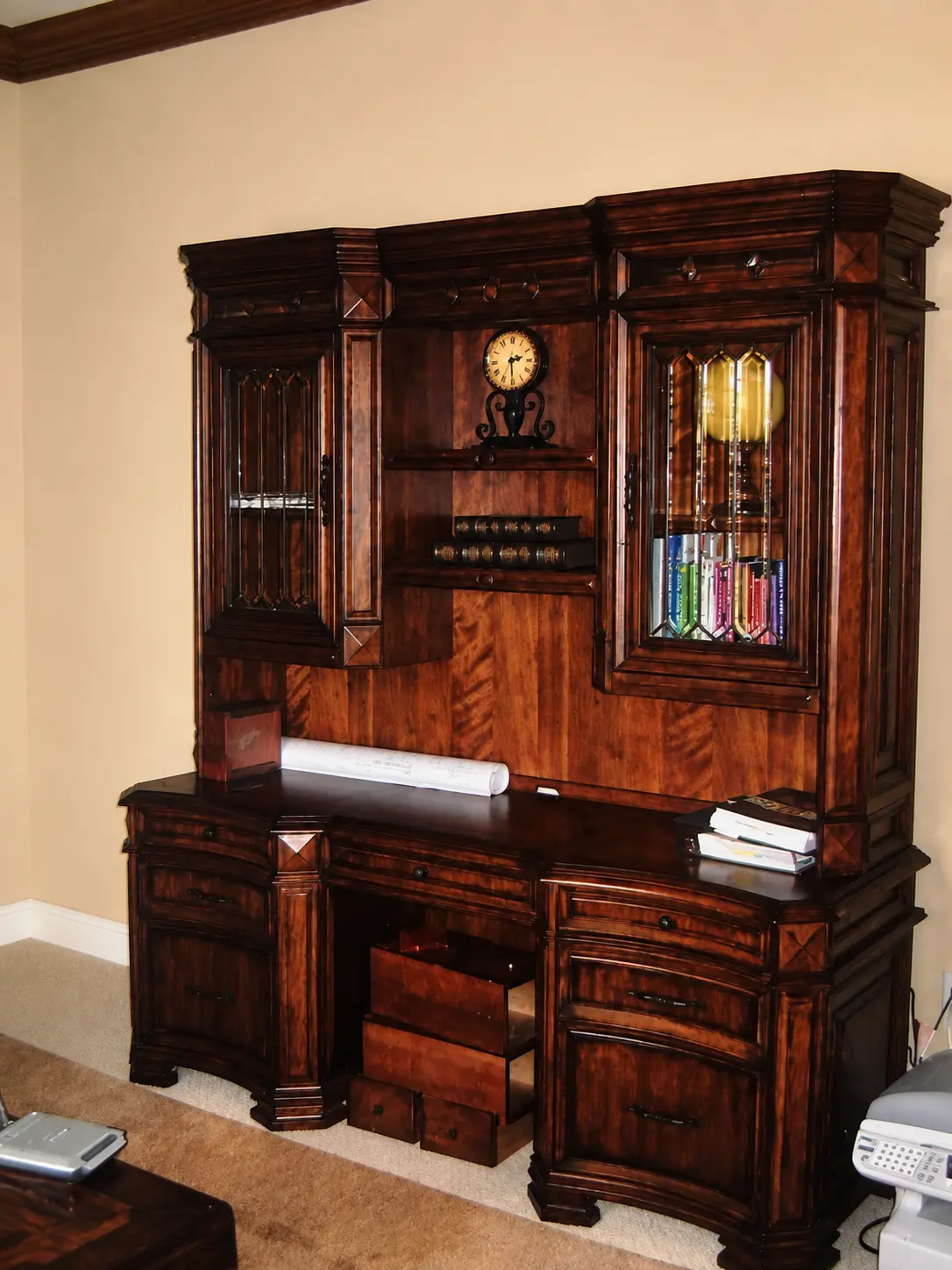 Rich cherry home office built-in desk with hutch and glass doors