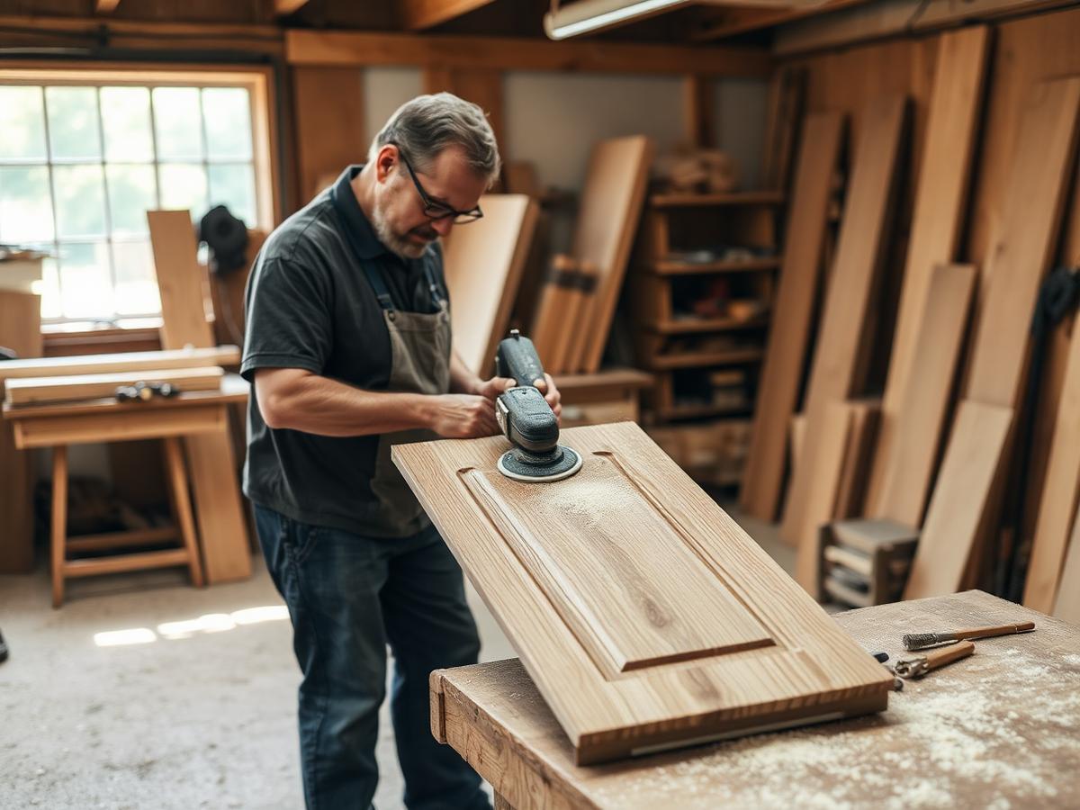 Craftsman sanding a cabinet door in the Resendiz workshop